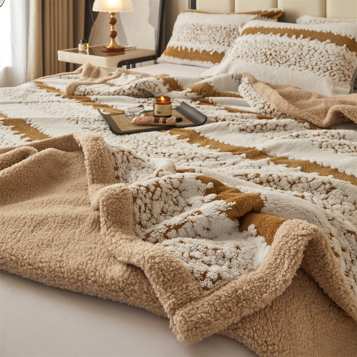 91家纺网 家纺一手货源 找家纺 莱家富 2026新款双层加厚阳离子提花毛毯羊羔绒毛毯盖毯办公室午休毯 浔彩-驼色