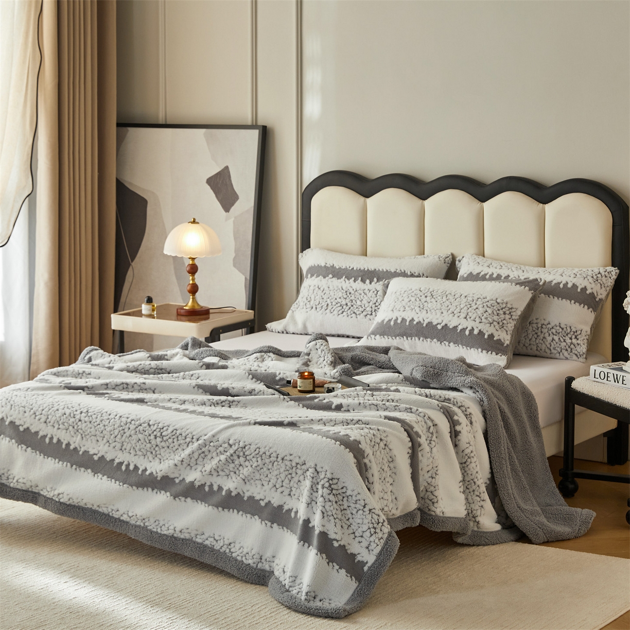 91家纺网 家纺一手货源 找家纺 莱家富 2026新款双层加厚阳离子提花毛毯羊羔绒毛毯盖毯办公室午休毯 浔彩-灰色