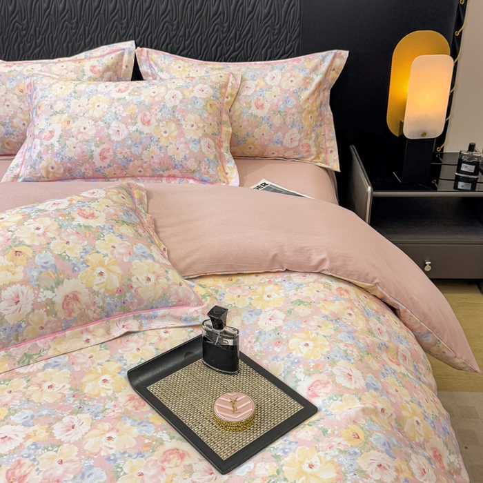 91家纺网 家纺一手货源 找家纺 凌鼎 2025新款100%全棉生态磨毛四件套系列1仙女星尘粉