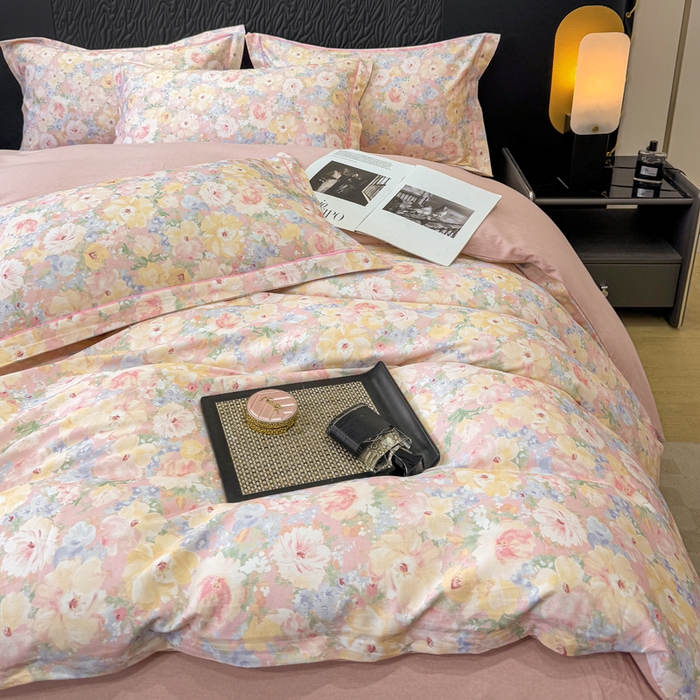 91家纺网 家纺一手货源 找家纺 凌鼎 2025新款100%全棉生态磨毛四件套系列1仙女星尘粉