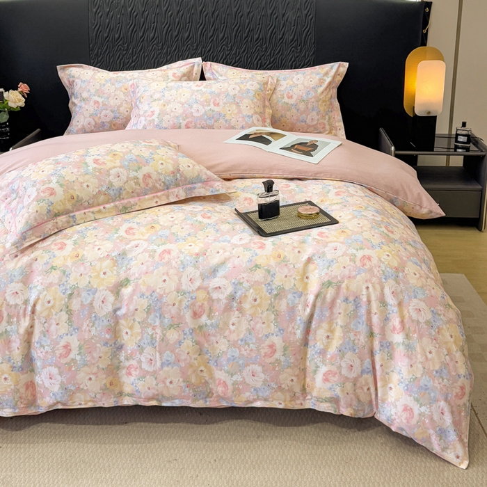 91家纺网 家纺一手货源 找家纺 凌鼎 2025新款100%全棉生态磨毛四件套系列1仙女星尘粉