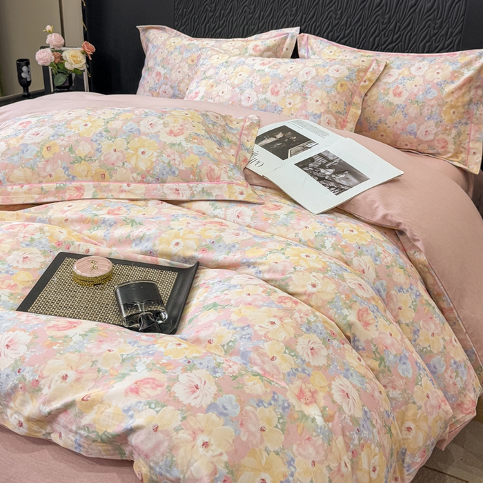 91家纺网 家纺一手货源 找家纺 凌鼎 2025新款100%全棉生态磨毛四件套系列1仙女星尘粉