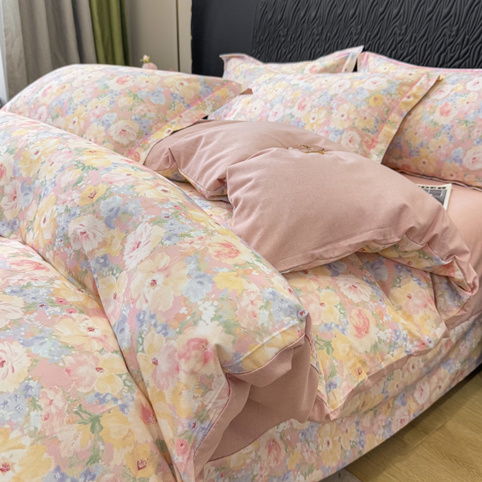 91家纺网 家纺一手货源 找家纺 凌鼎 2025新款100%全棉生态磨毛四件套系列1仙女星尘粉