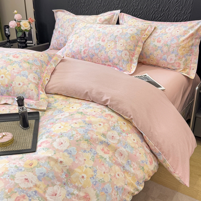 91家纺网 家纺一手货源 找家纺 凌鼎 2025新款100%全棉生态磨毛四件套系列1仙女星尘粉