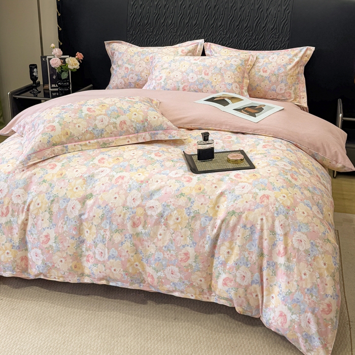 91家纺网 家纺一手货源 找家纺 凌鼎 2025新款100%全棉生态磨毛四件套系列1仙女星尘粉