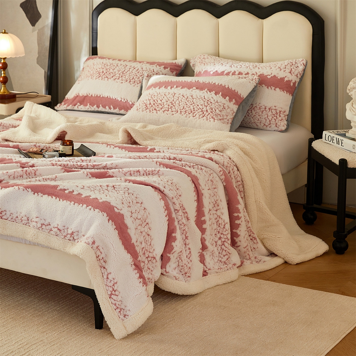 91家纺网 家纺一手货源 找家纺 莱家富 2026新款双层加厚阳离子提花毛毯羊羔绒毛毯盖毯办公室午休毯 浔彩-豆沙