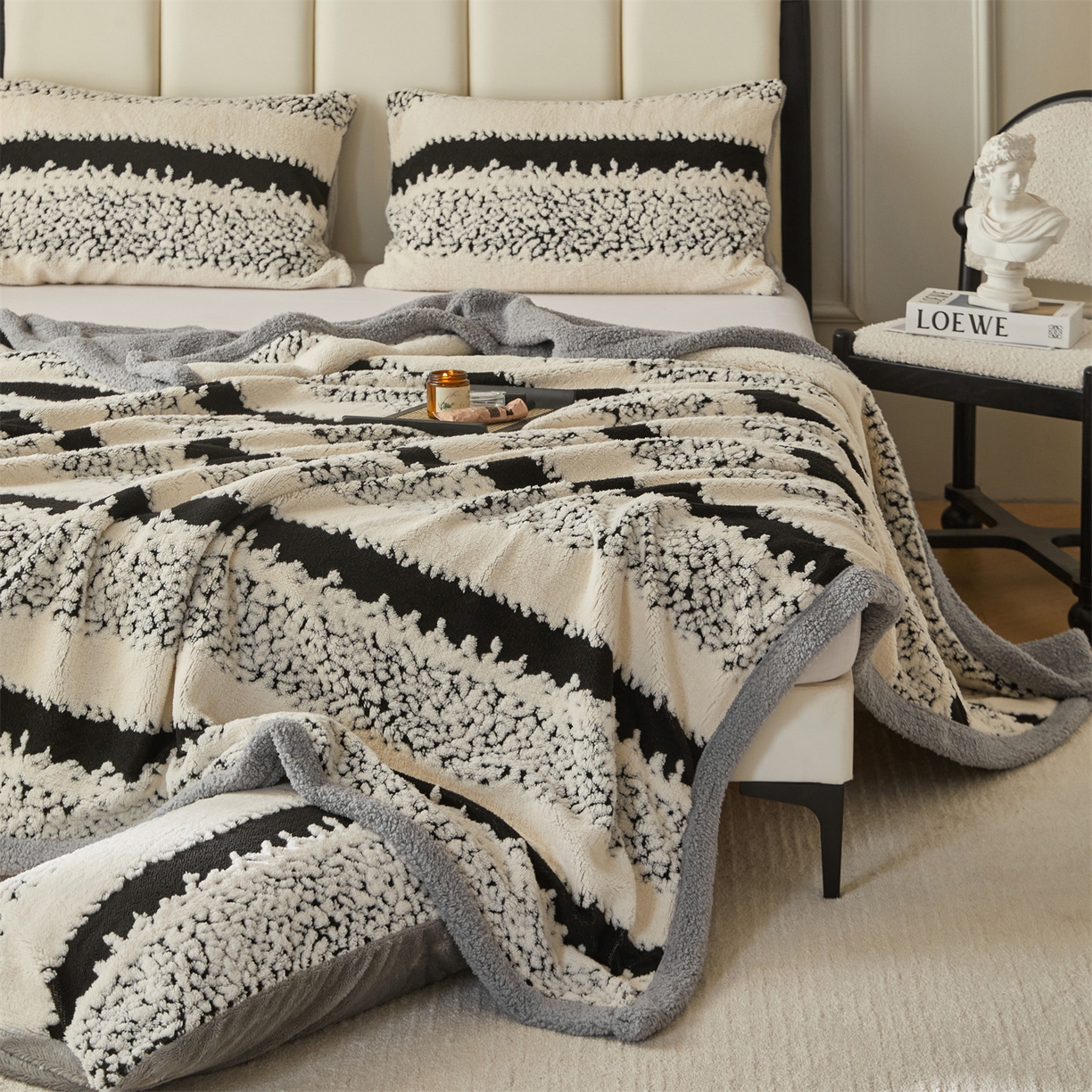 91家纺网 家纺一手货源 找家纺 莱家富 2026新款双层加厚阳离子提花毛毯羊羔绒毛毯盖毯办公室午休毯 浔彩-奶白