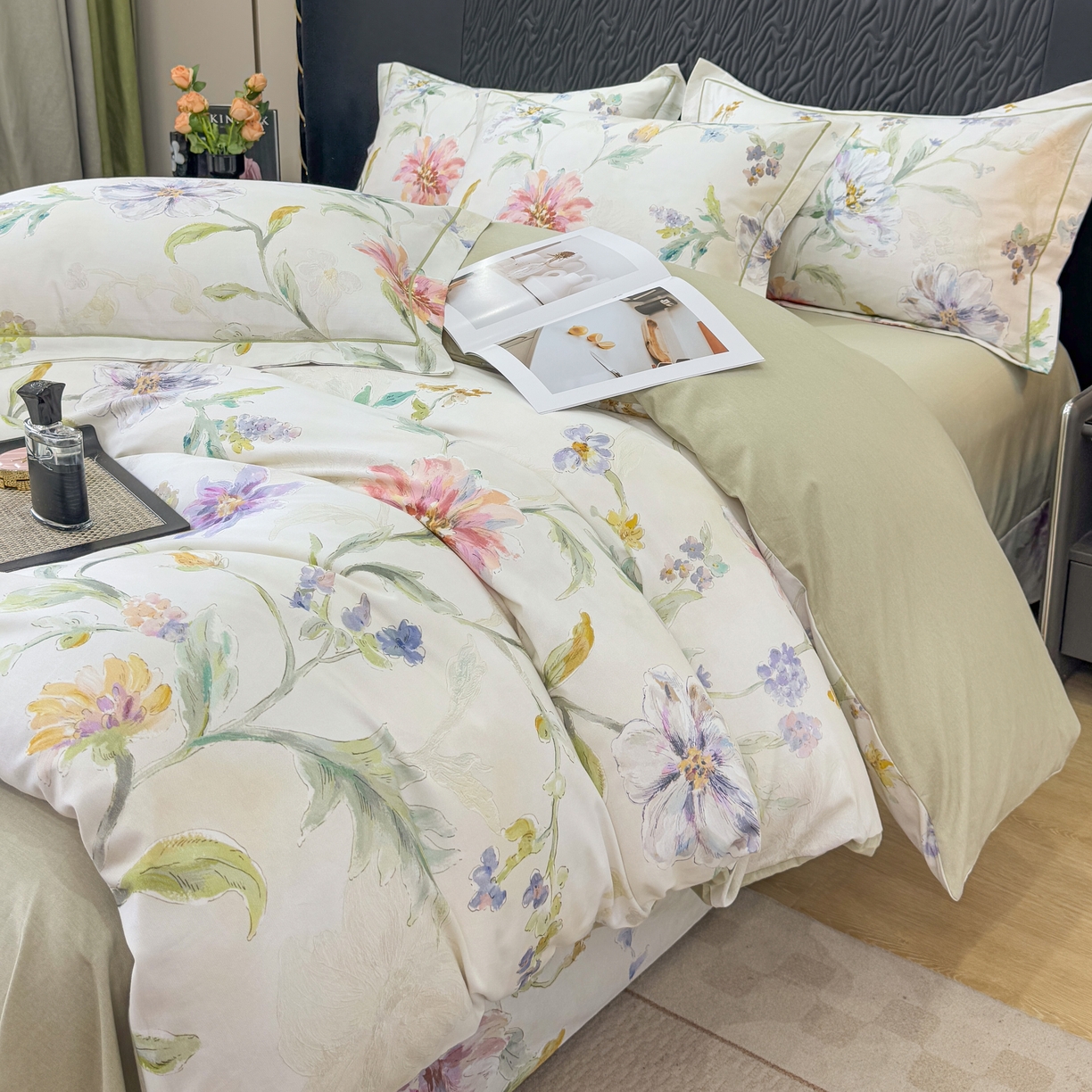 91家纺网 家纺一手货源 找家纺 凌鼎 2025新款100%全棉生态磨毛四件套系列1花与浔米