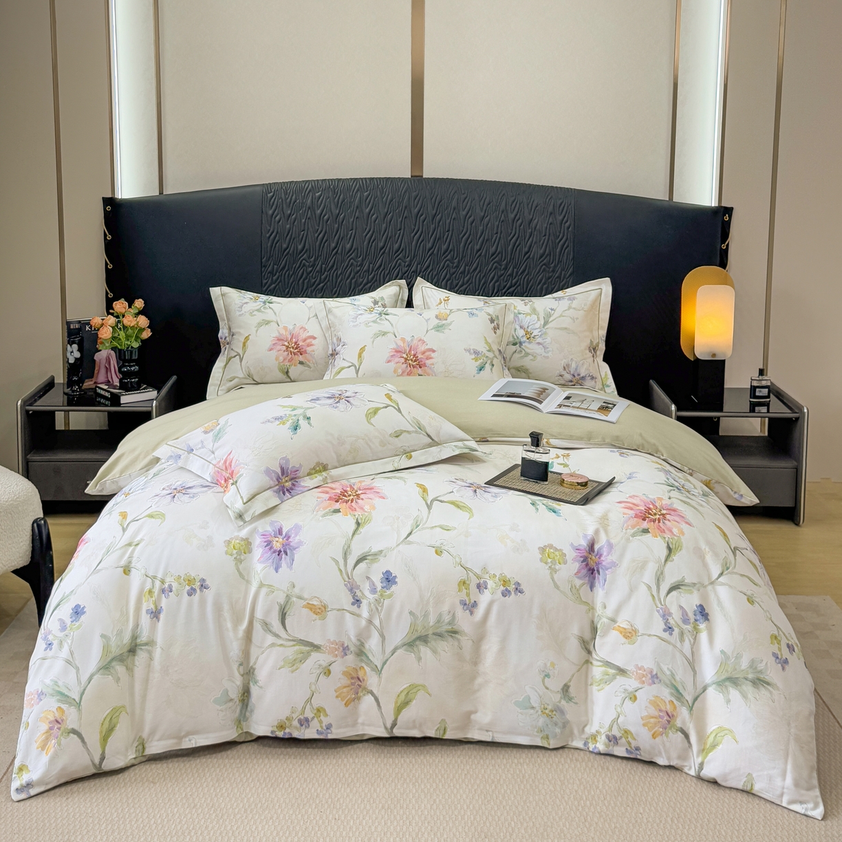 91家纺网 家纺一手货源 找家纺 凌鼎 2025新款100%全棉生态磨毛四件套系列1花与浔米