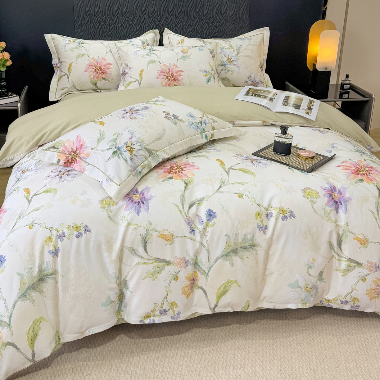 91家纺网 家纺一手货源 找家纺 凌鼎 2025新款100%全棉生态磨毛四件套系列1花与浔米