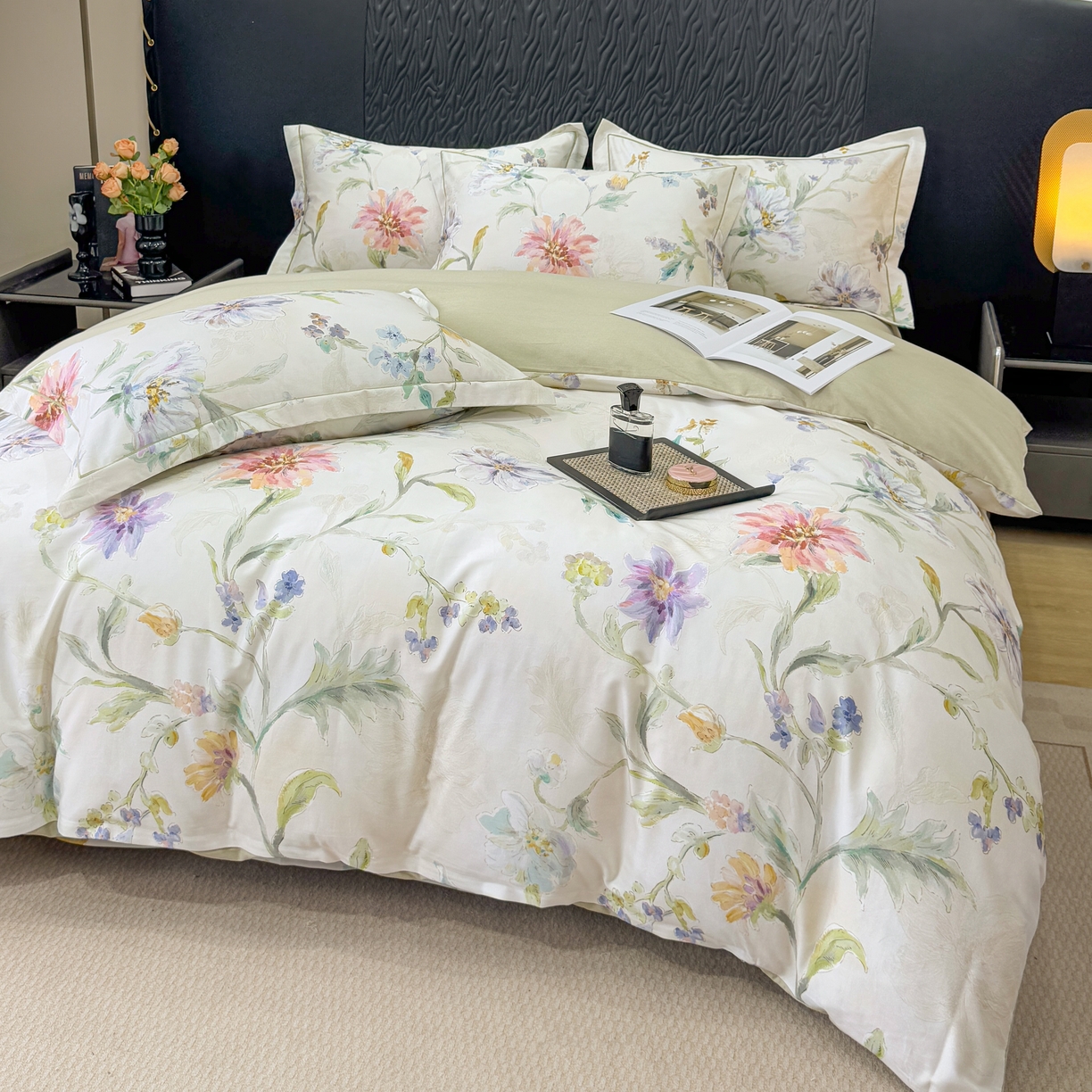 91家纺网 家纺一手货源 找家纺 凌鼎 2025新款100%全棉生态磨毛四件套系列1花与浔米