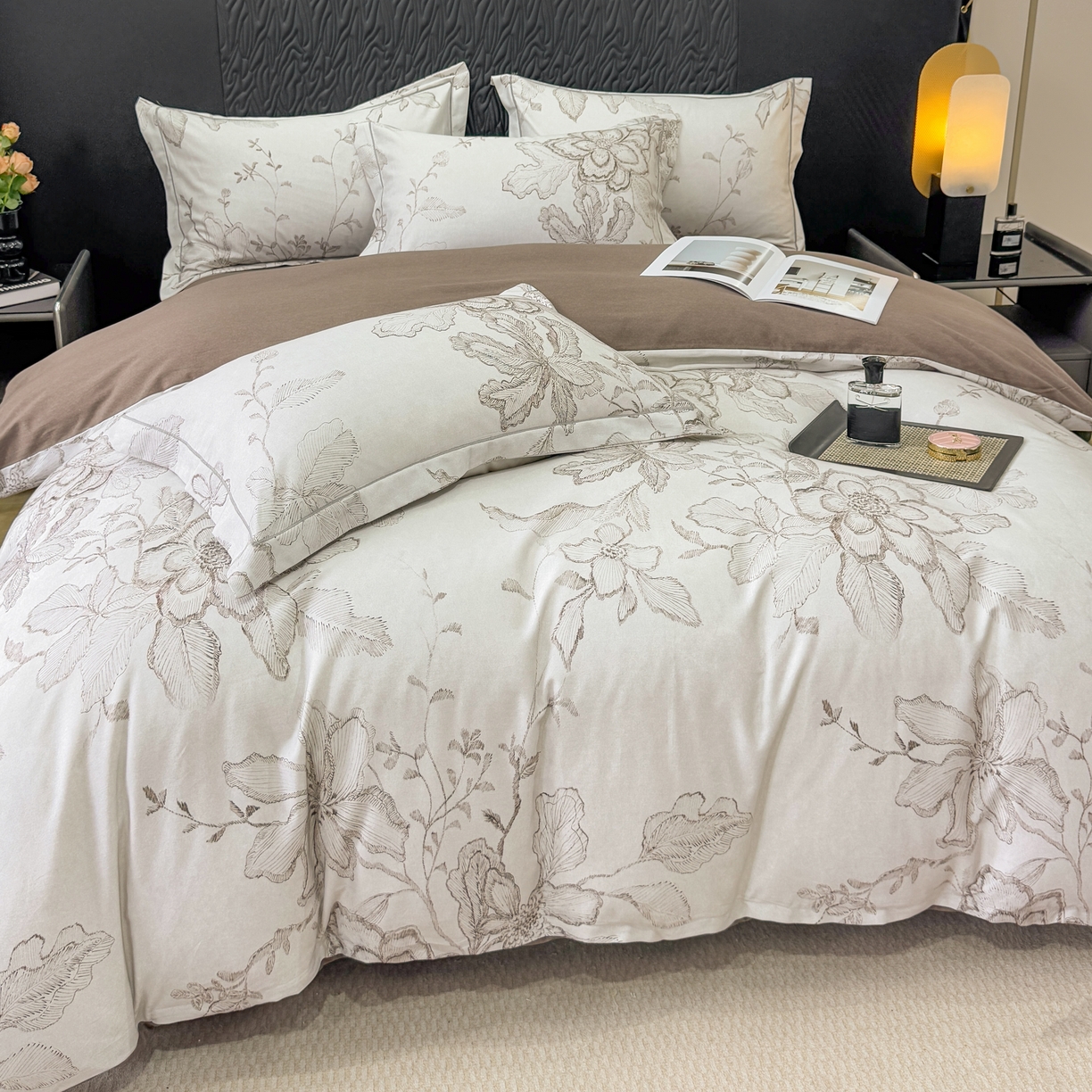 91家纺网 家纺一手货源 找家纺 凌鼎 2025新款100%全棉生态磨毛四件套系列1镜花水月咖