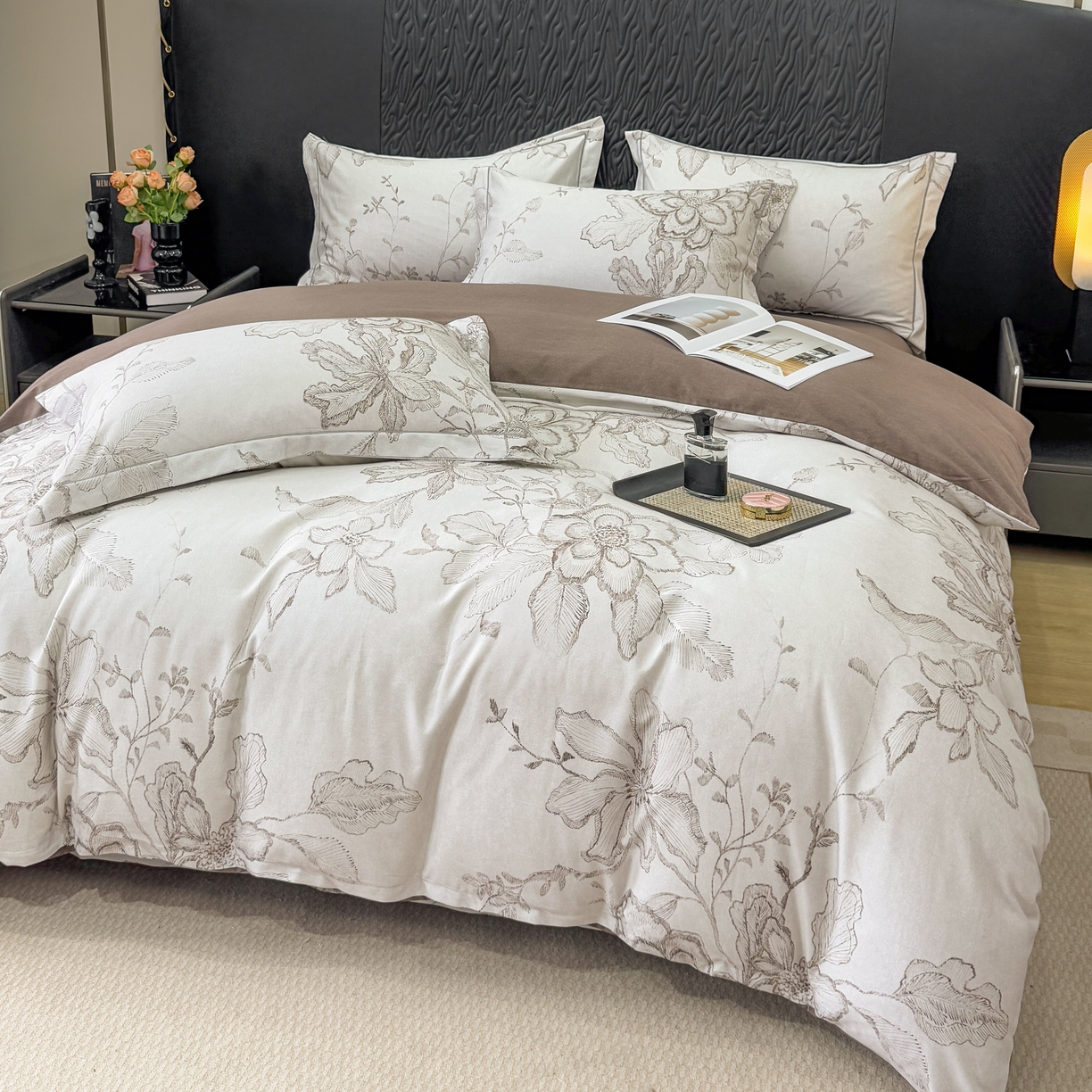 91家纺网 家纺一手货源 找家纺 凌鼎 2025新款100%全棉生态磨毛四件套系列1镜花水月咖