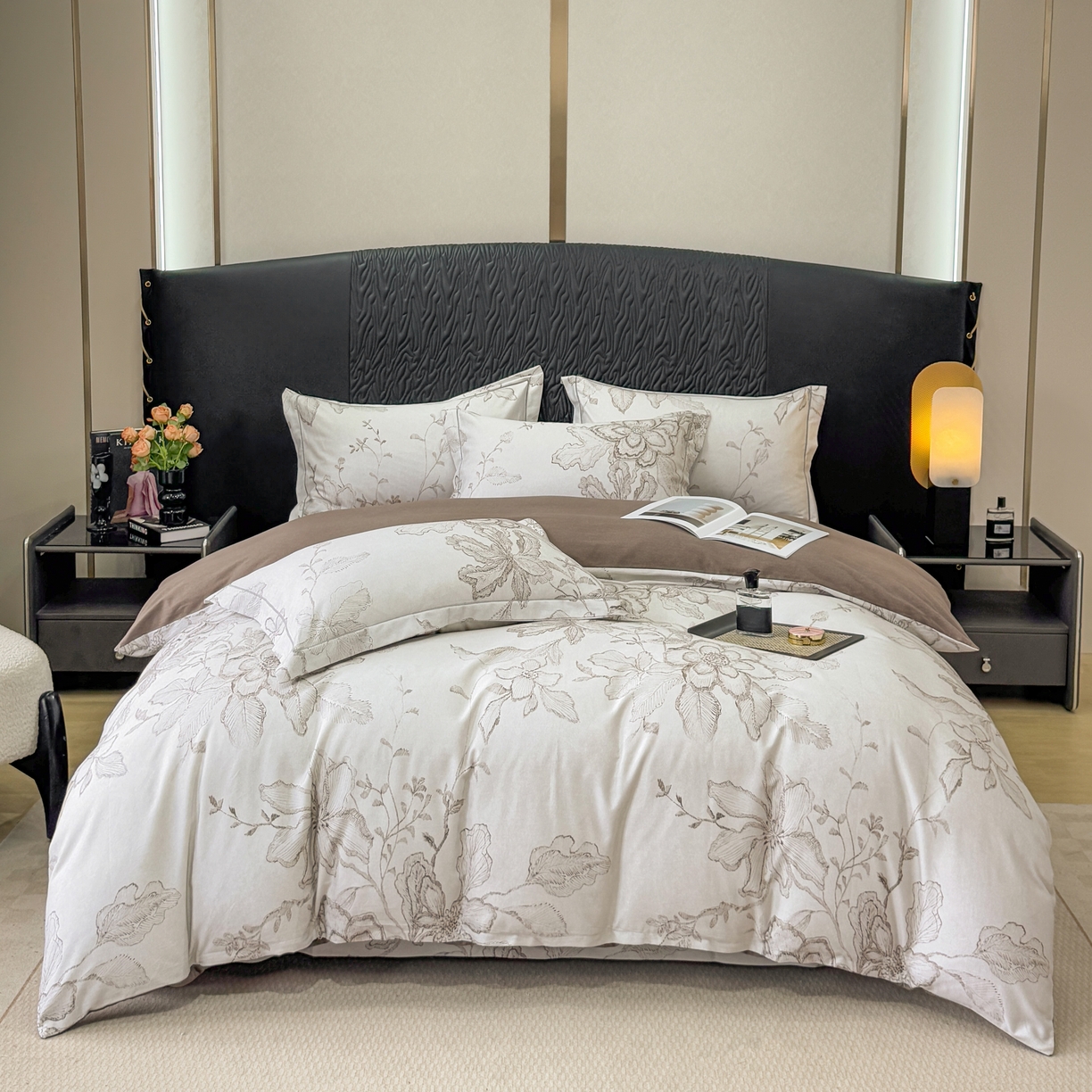 91家纺网 家纺一手货源 找家纺 凌鼎 2025新款100%全棉生态磨毛四件套系列1镜花水月咖