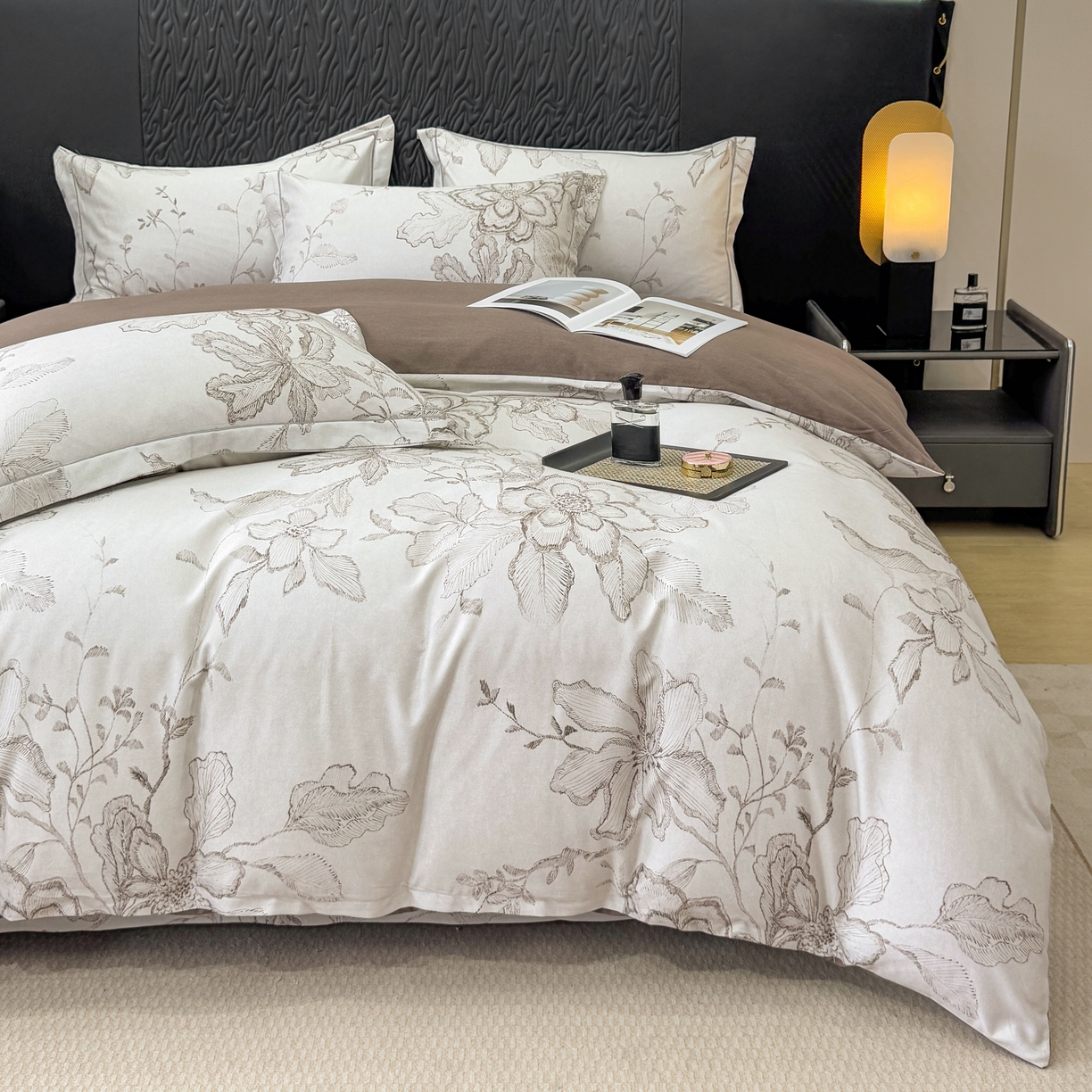 91家纺网 家纺一手货源 找家纺 凌鼎 2025新款100%全棉生态磨毛四件套系列1镜花水月咖