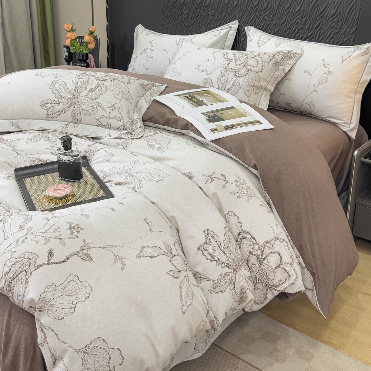 91家纺网 家纺一手货源 找家纺 凌鼎 2025新款100%全棉生态磨毛四件套系列1镜花水月咖