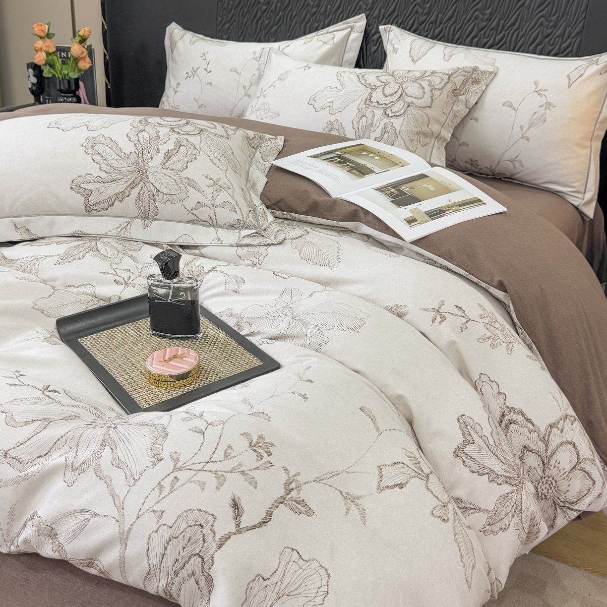 91家纺网 家纺一手货源 找家纺 凌鼎 2025新款100%全棉生态磨毛四件套系列1镜花水月咖