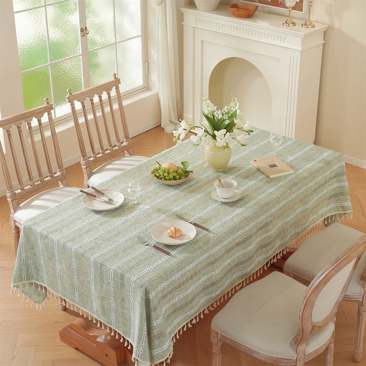 91家纺网 家纺一手货源 找家纺 共鸣沙发垫 2025新款棉麻桌布镂空条纹系列 镂空条纹绿色