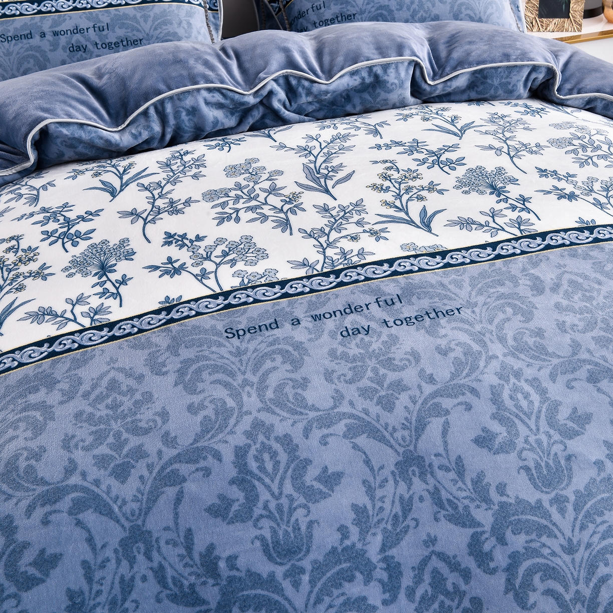 91家纺网 家纺一手货源 找家纺 启扬 2025直播爆款新款8.5斤加厚高克重牛奶绒四件套床裙款法莱绒宝宝绒金貂绒 相思叶语-灰