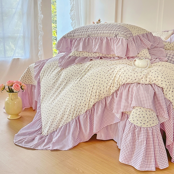 91家纺网 家纺一手货源 找家纺 易辰美 2025新款法式公主风夹棉床盖四件套 艾薇尔-紫