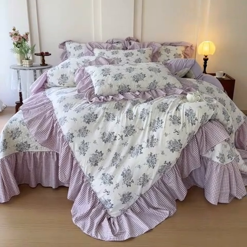 91家纺网 家纺一手货源 找家纺 易辰美 2025新款法式公主风夹棉床盖四件套 禧利-兰