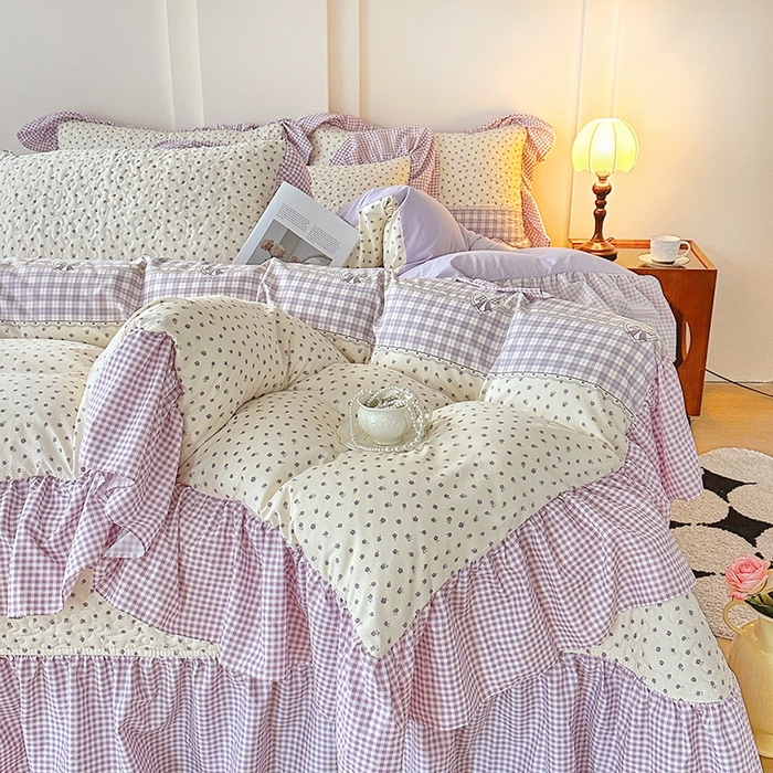 91家纺网 家纺一手货源 找家纺 易辰美 2025新款法式公主风夹棉床盖四件套 艾薇尔-紫