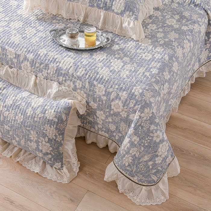 91家纺网 家纺一手货源 找家纺 家之硕家纺 2025秋冬款原麻亚麻皱皱纱复古印花床盖四件套 繁花