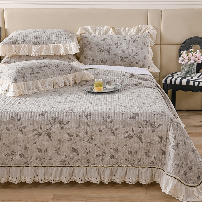 91家纺网 家纺一手货源 找家纺 家之硕家纺 2025秋冬款原麻亚麻皱皱纱复古印花床盖四件套 茶香