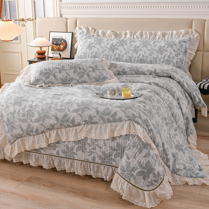 91家纺网 家纺一手货源 找家纺 家之硕家纺 2025秋冬款原麻亚麻皱皱纱复古印花床盖四件套 一叶知秋