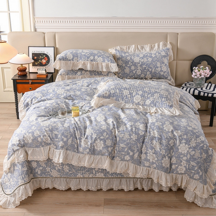 家之硕家纺 2025秋冬款原麻亚麻皱皱纱复古印花床盖四件套 繁花