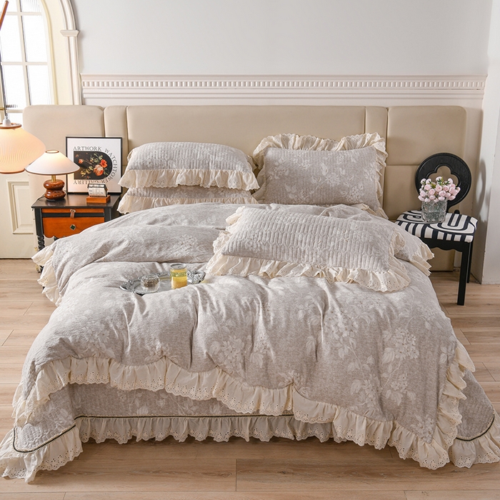 家之硕家纺 2025秋冬款原麻亚麻皱皱纱复古印花床盖四件套 明媚