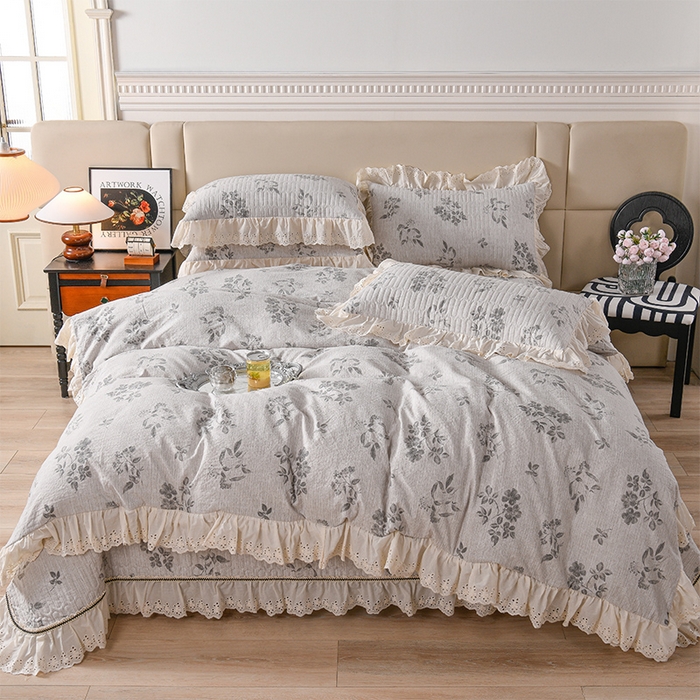 家之硕家纺 2025秋冬款原麻亚麻皱皱纱复古印花床盖四件套 叶玲珑