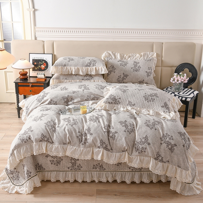 家之硕家纺 2025秋冬款原麻亚麻皱皱纱复古印花床盖四件套 暗香