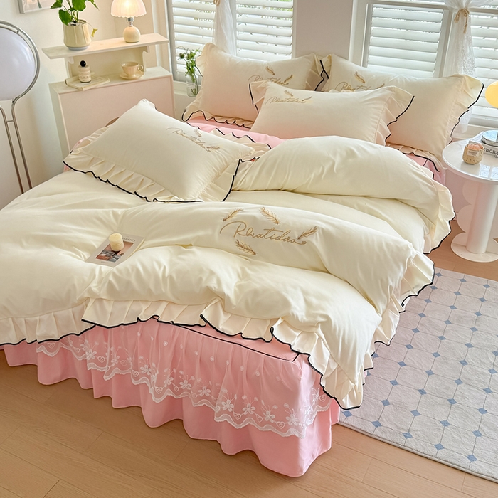 91家纺网 家纺一手货源 找家纺 （总）柔享家 2025新款法式花边蕾丝床裙床笠床单水洗棉磨毛四件套-恩格斯