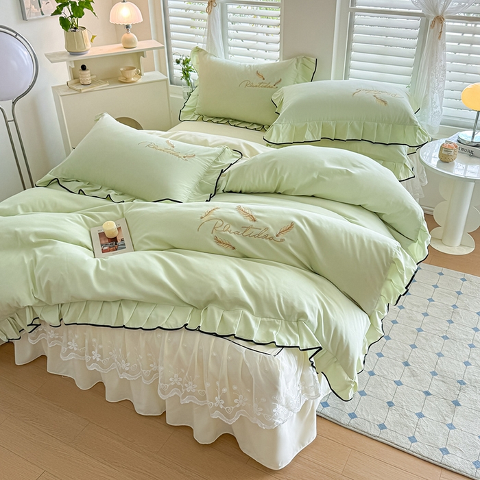 91家纺网 家纺一手货源 找家纺 （总）柔享家 2025新款法式花边蕾丝床裙床笠床单水洗棉磨毛四件套-恩格斯