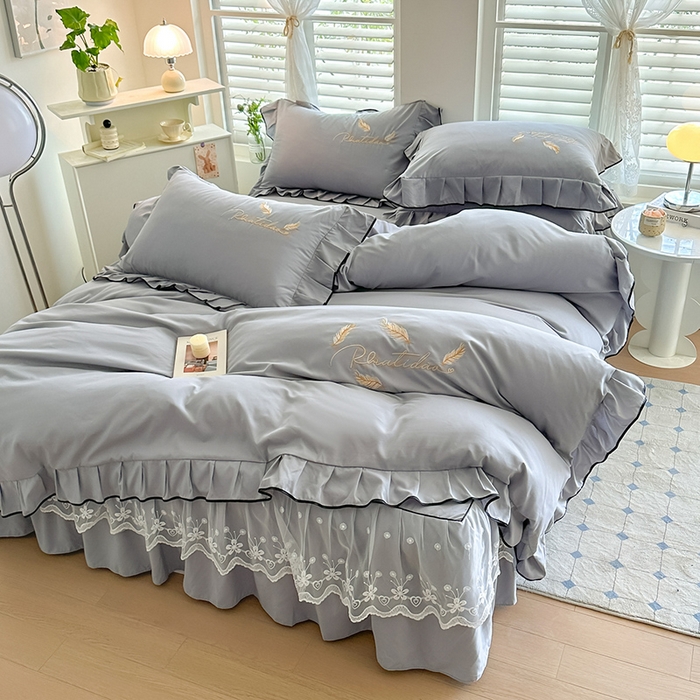 91家纺网 家纺一手货源 找家纺 （总）柔享家 2025新款法式花边蕾丝床裙床笠床单水洗棉磨毛四件套-恩格斯