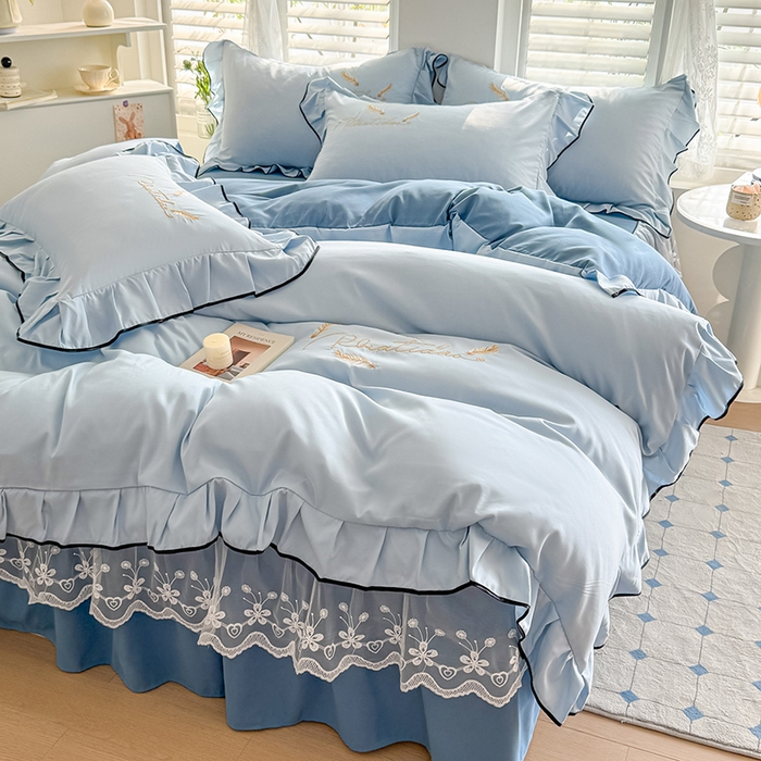 91家纺网 家纺一手货源 找家纺 （总）柔享家 2025新款法式花边蕾丝床裙床笠床单水洗棉磨毛四件套-恩格斯