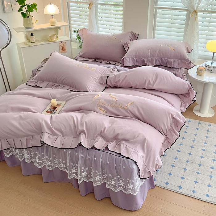 91家纺网 家纺一手货源 找家纺 （总）柔享家 2025新款法式花边蕾丝床裙床笠床单水洗棉磨毛四件套-恩格斯