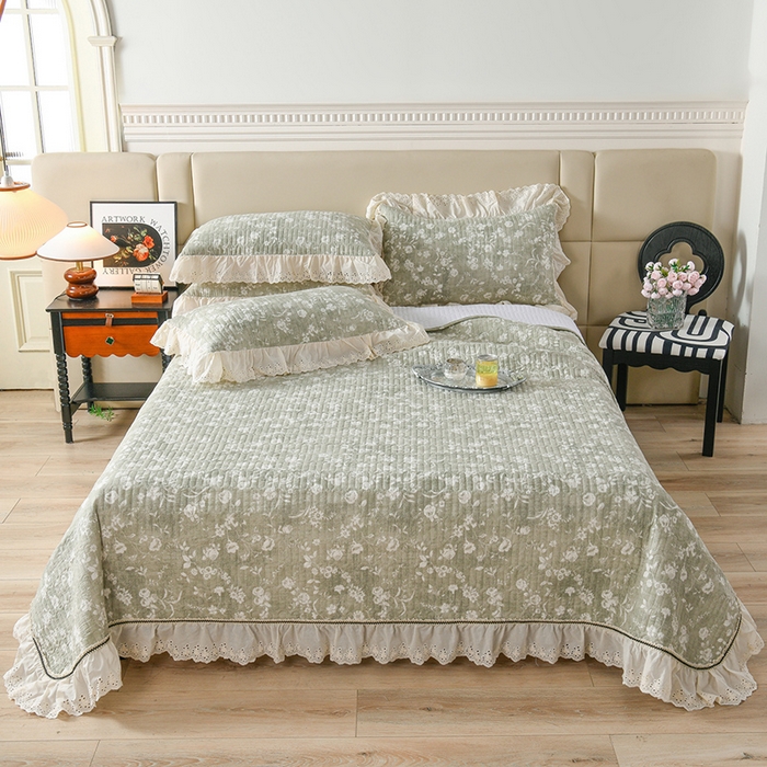 家之硕家纺 2025秋冬款原麻亚麻皱皱纱复古印花床盖单品 风华绿