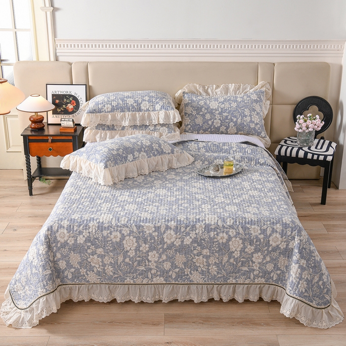 家之硕家纺 2025秋冬款原麻亚麻皱皱纱复古印花床盖单品 繁花