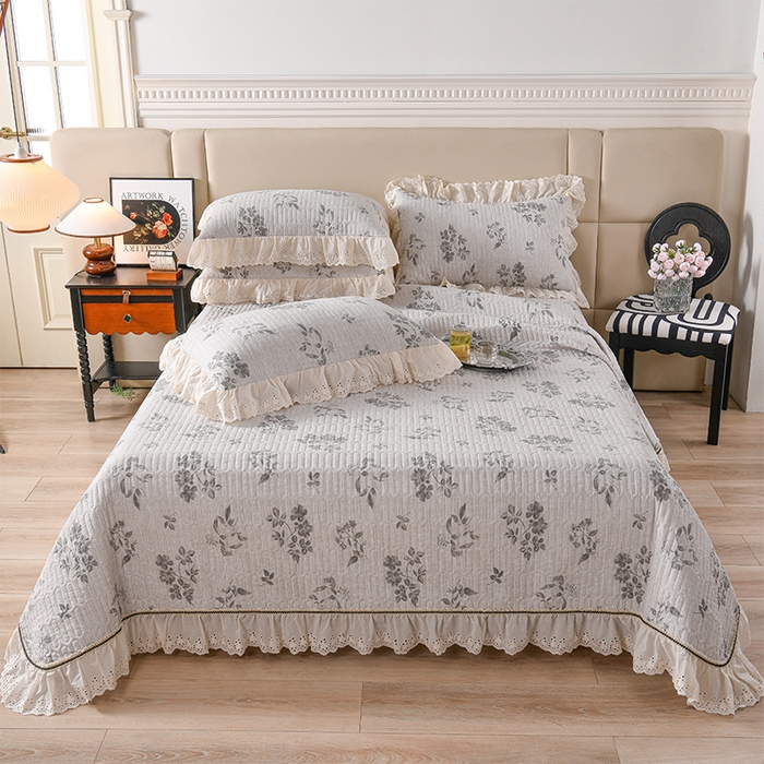 家之硕家纺 2025秋冬款原麻亚麻皱皱纱复古印花床盖单品 叶玲珑