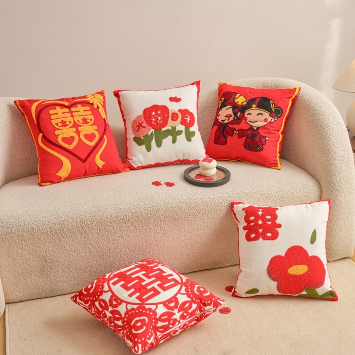 91家纺网 家纺一手货源 找家纺 （总）诺可 2025新款全棉帆布刺绣婚庆系列毛巾绣抱枕枕头枕芯