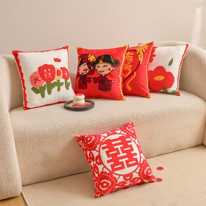 91家纺网 家纺一手货源 找家纺 （总）诺可 2025新款全棉帆布刺绣婚庆系列毛巾绣抱枕枕头枕芯