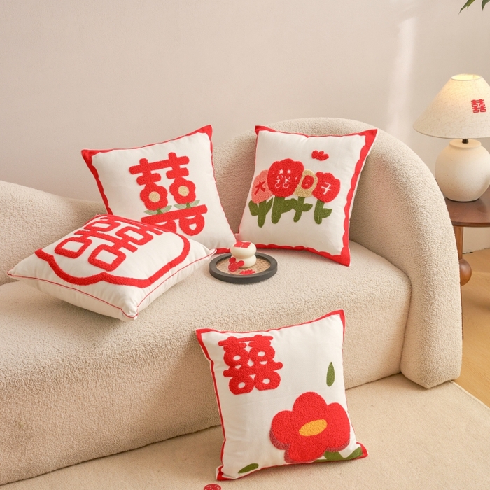 91家纺网 家纺一手货源 找家纺 诺可 2025新款全棉帆布刺绣婚庆系列毛巾绣抱枕枕头枕芯 组合图仅供参考