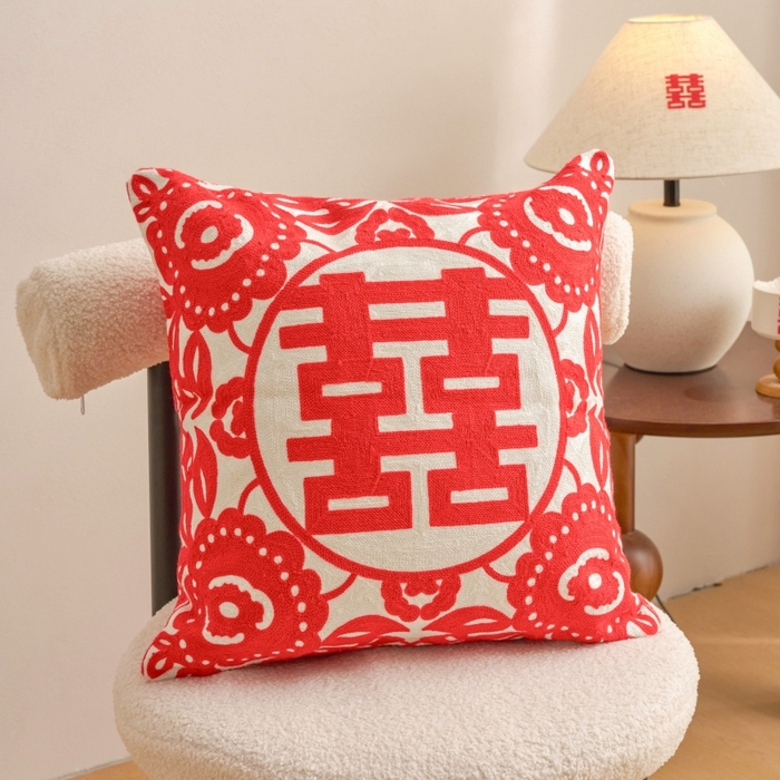 91家纺网 家纺一手货源 找家纺 诺可 2025新款全棉帆布刺绣婚庆系列毛巾绣抱枕枕头枕芯 单面满绣红双喜