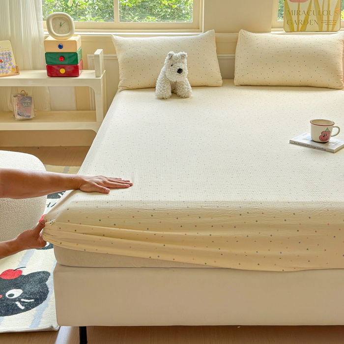 91家纺网 家纺一手货源 找家纺 眠多宝2025新款皱皱纱双层纱床笠三件套直播热款 彩色波点