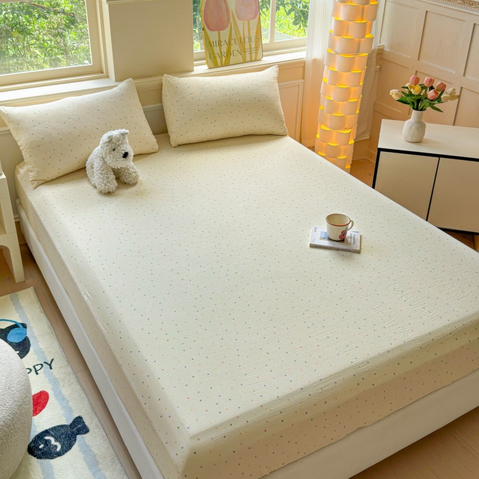 91家纺网 家纺一手货源 找家纺 眠多宝2025新款皱皱纱双层纱床笠三件套直播热款 彩色波点