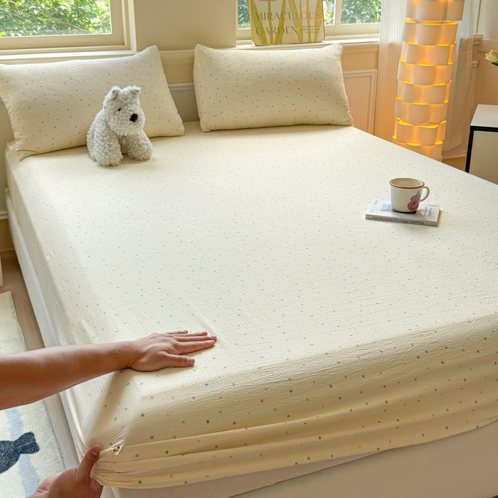 91家纺网 家纺一手货源 找家纺 眠多宝2025新款皱皱纱双层纱床笠三件套直播热款 彩色波点