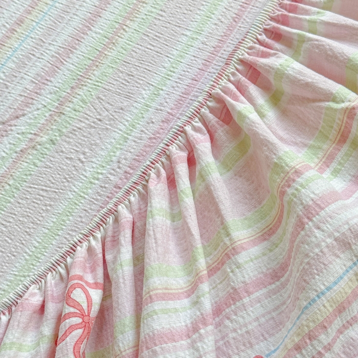 91家纺网 家纺一手货源 找家纺 眠多宝2025新款皱皱纱双层纱床笠三件套直播热款 彩色条纹