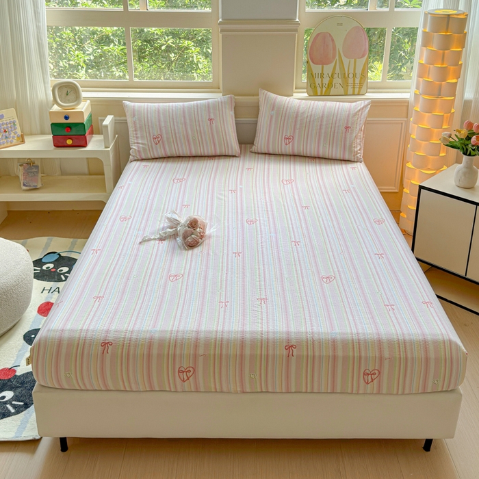 眠多宝2025新款皱皱纱双层纱床笠三件套直播热款 彩色条纹